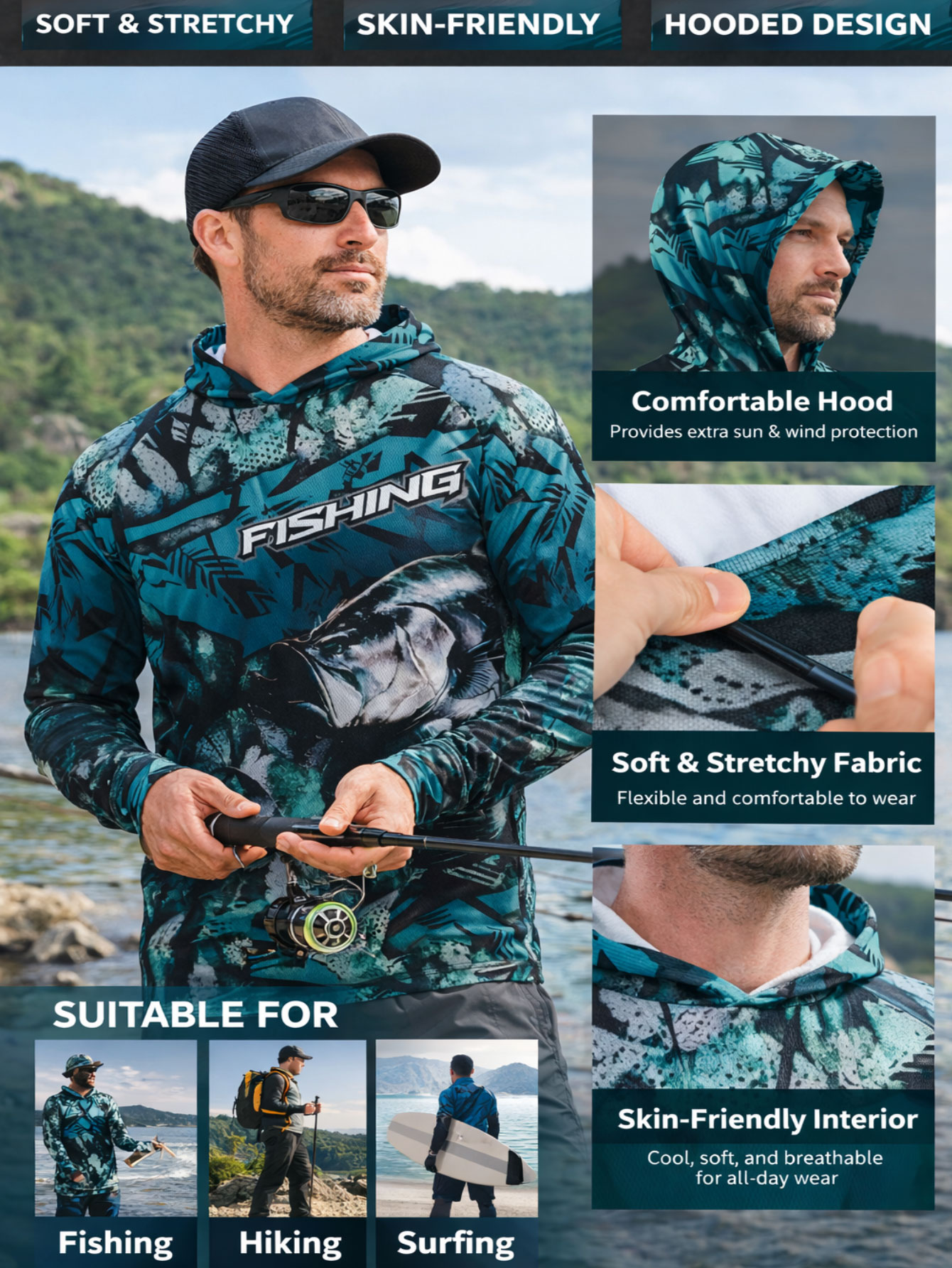 Fishing Equipment Clearance - Visserijkleding Hoodie Heren Zonnebrandcrème UPF 50+